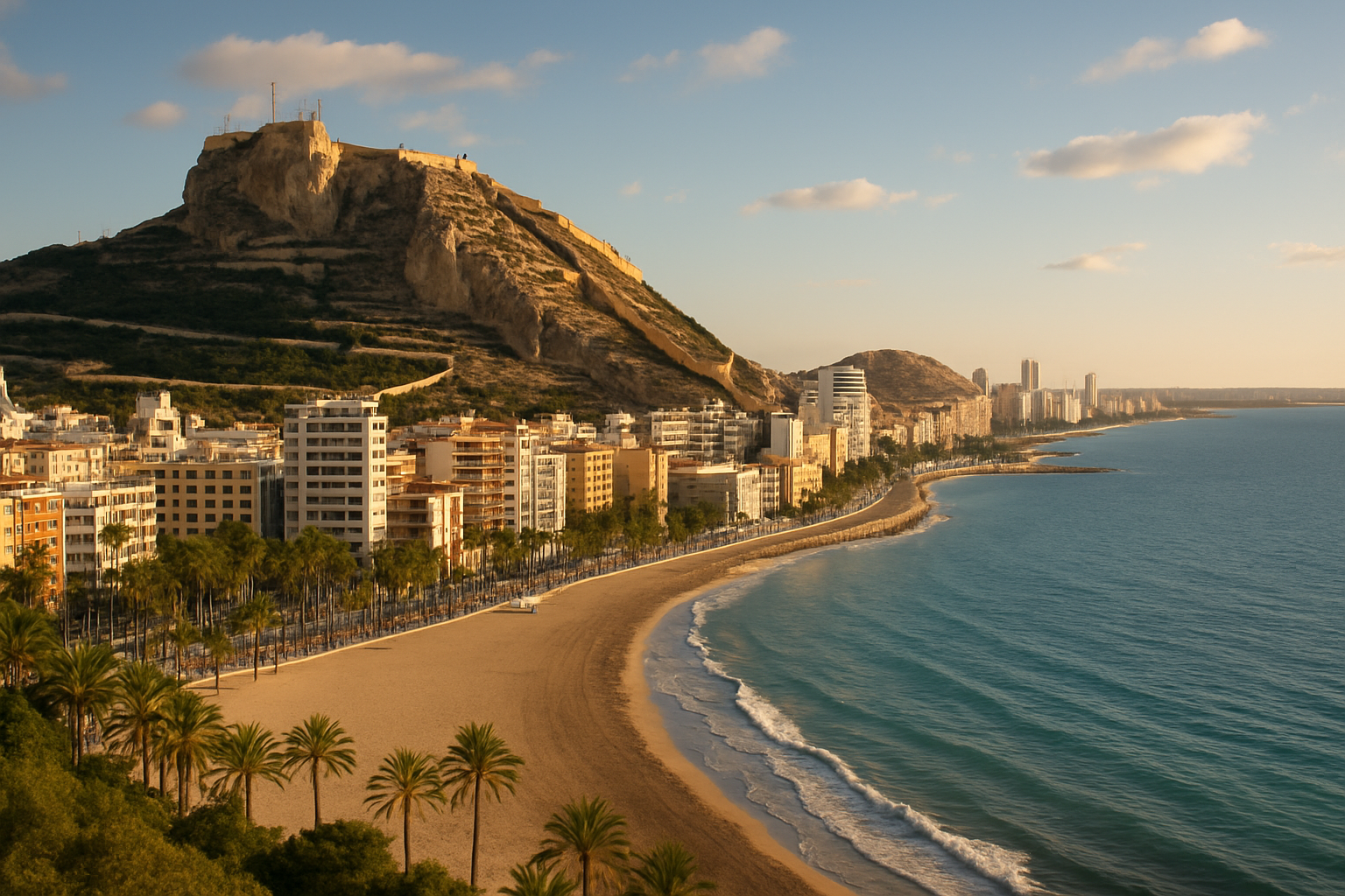 Santa Barbara castle above Postiguet beach and the city of Alicante on the Costa Blanca