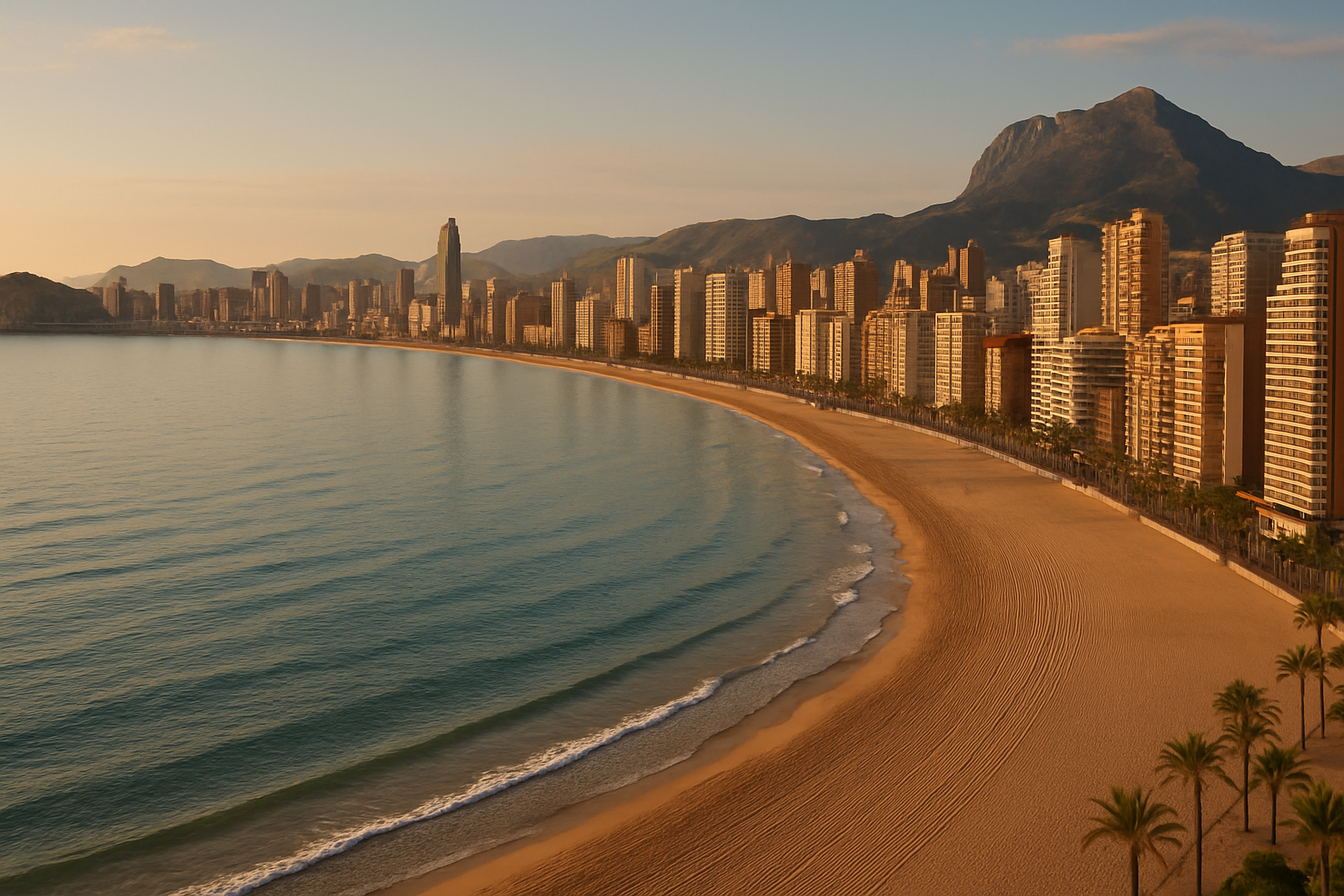 The curve of Levante beach backed by the high-rise skyline of Benidorm on the Costa Blanca