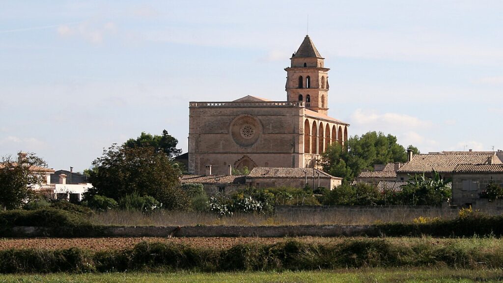 The church of Sant Pere in Petra, Mallorca, with its octagonal bell tower rising above the rooftops and fields
