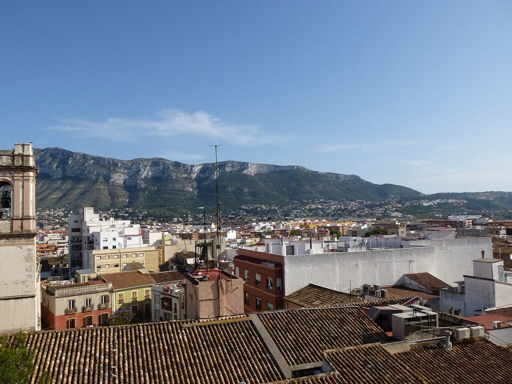 Rooftops of Dénia seen from the castle with the Montgó mountain behind