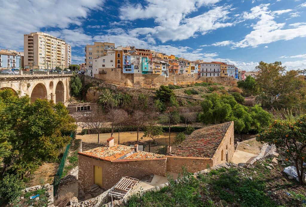 Colourful houses of La Vila Joiosa old town on the cliff above the Amadorio valley