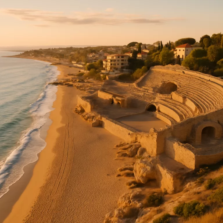 Golden sandy beach and Roman Tarragona on the Costa Dorada