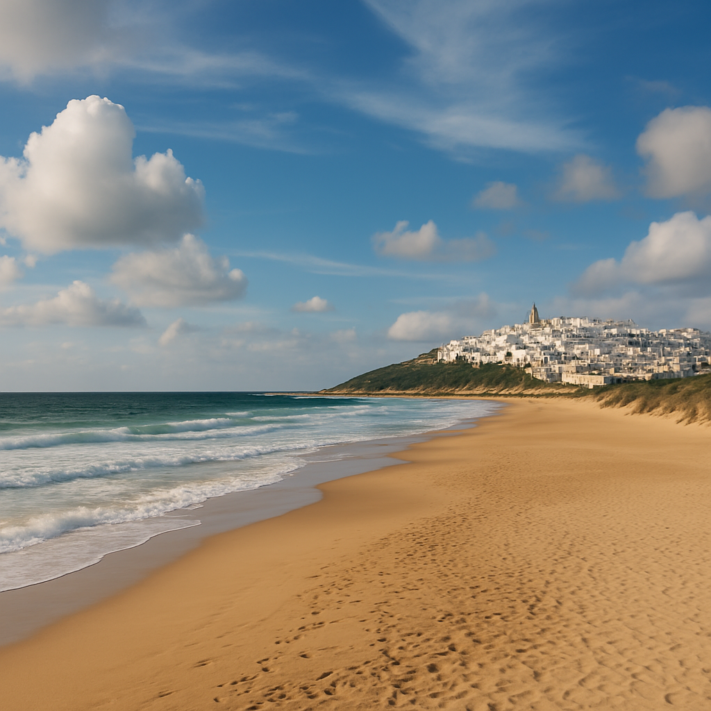 Wide Atlantic beach and white town on the Costa de la Luz