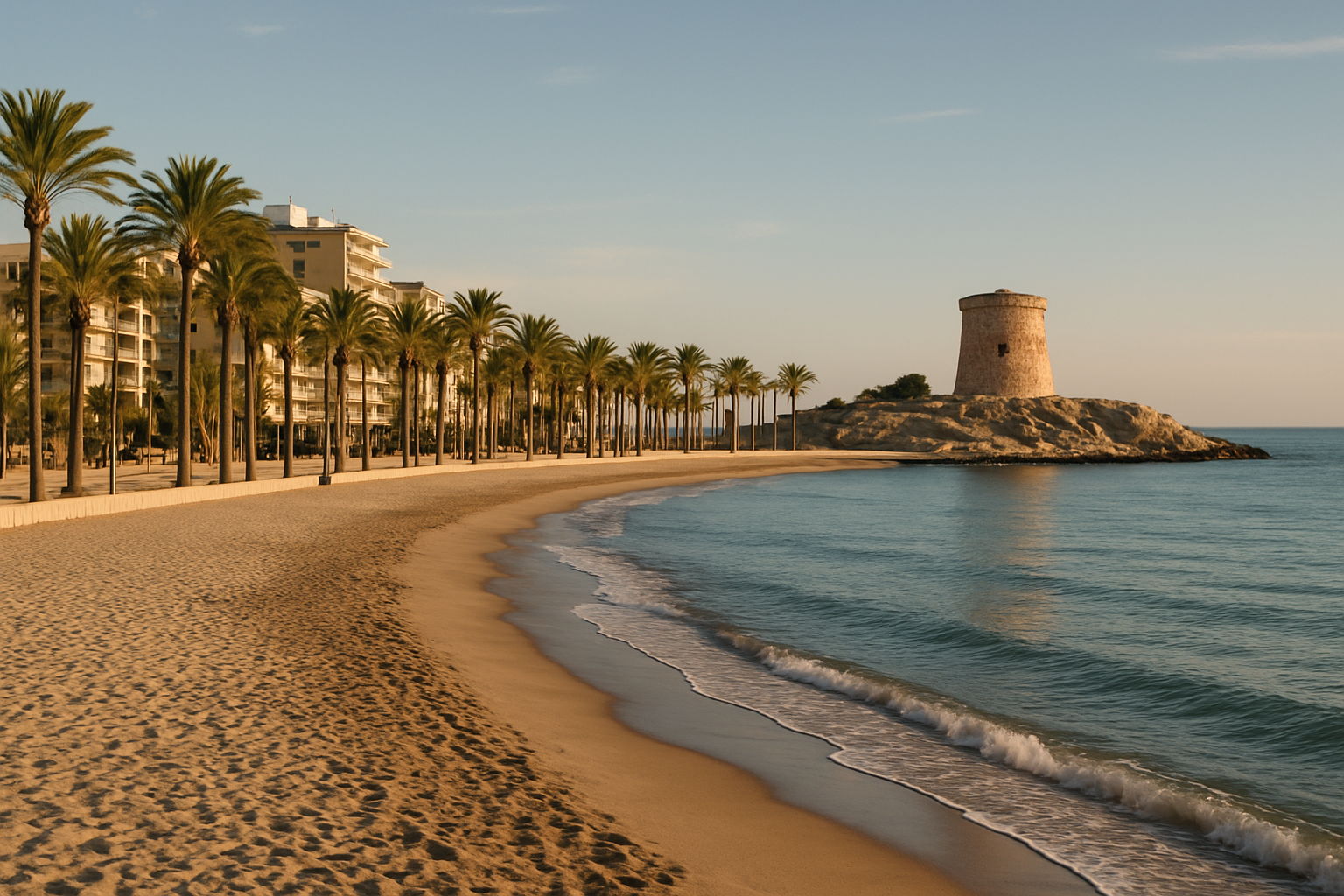 Long sandy beach with palm promenade and an old watchtower at El Campello near Alicante
