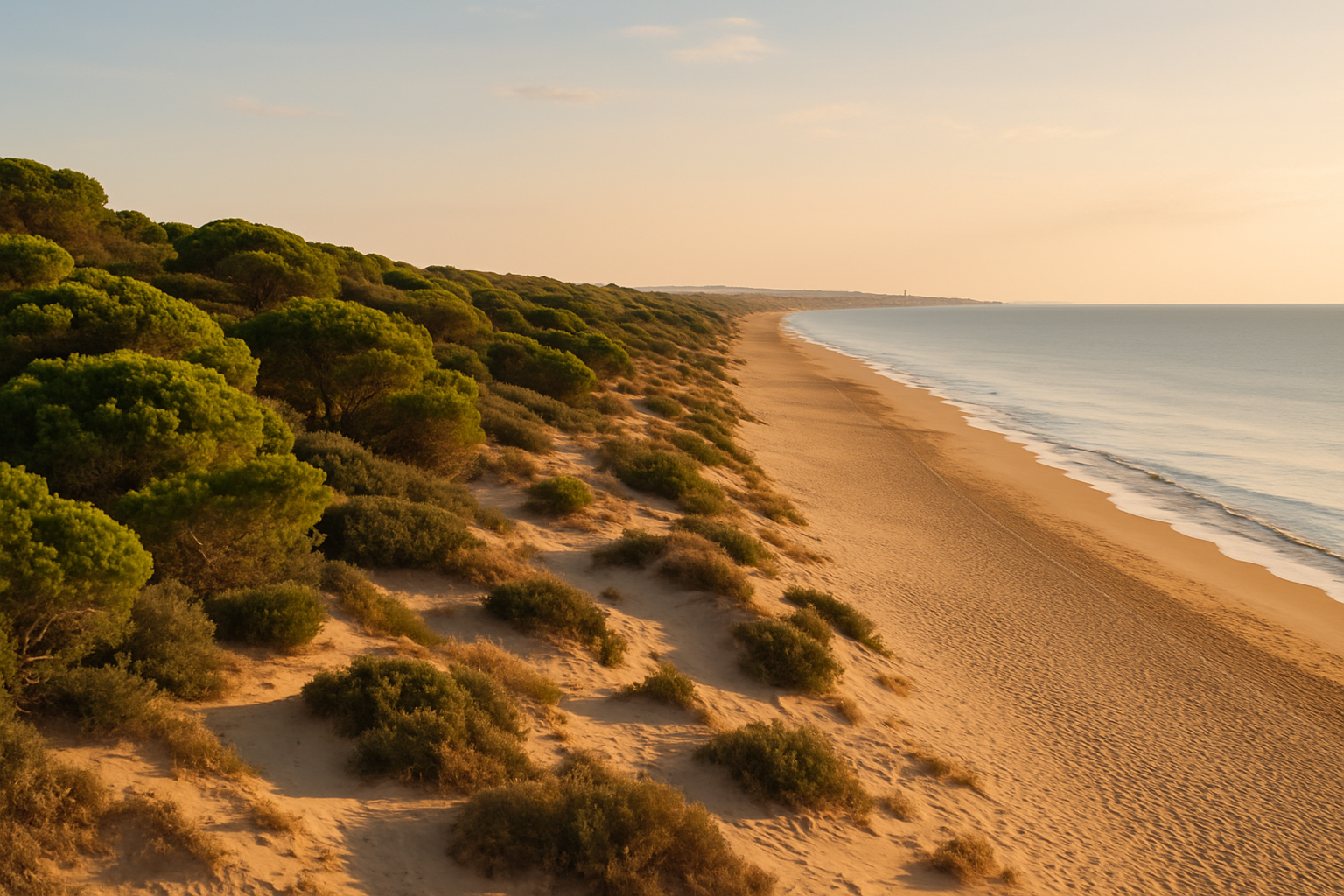 Pine-covered dunes meeting a wide empty sandy beach at Guardamar del Segura on the Costa Blanca