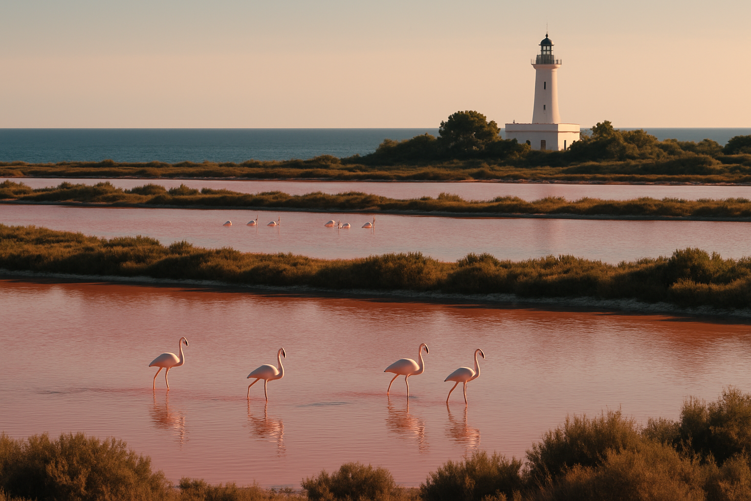 Pink salt-flat lagoons with flamingos and a lighthouse at Santa Pola on the Costa Blanca