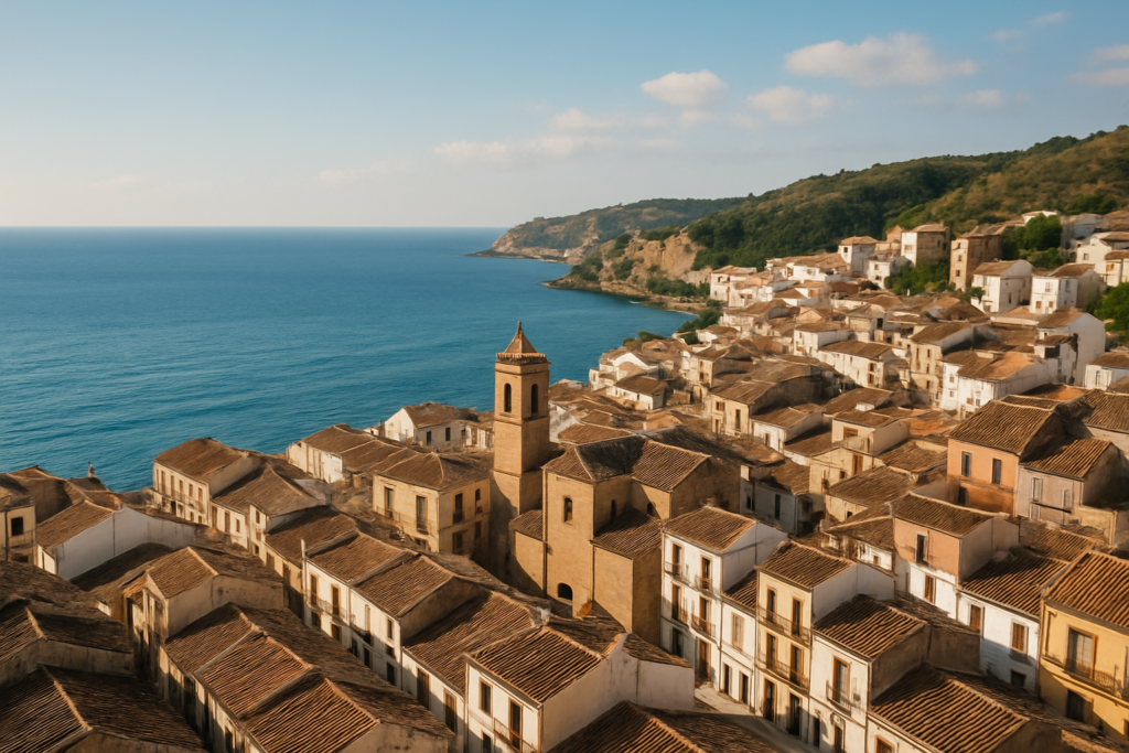 Buñol, Spain - view of the town and coast