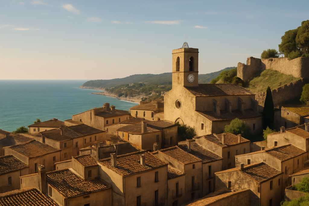 Hostalric, Spain - view of the town and coast