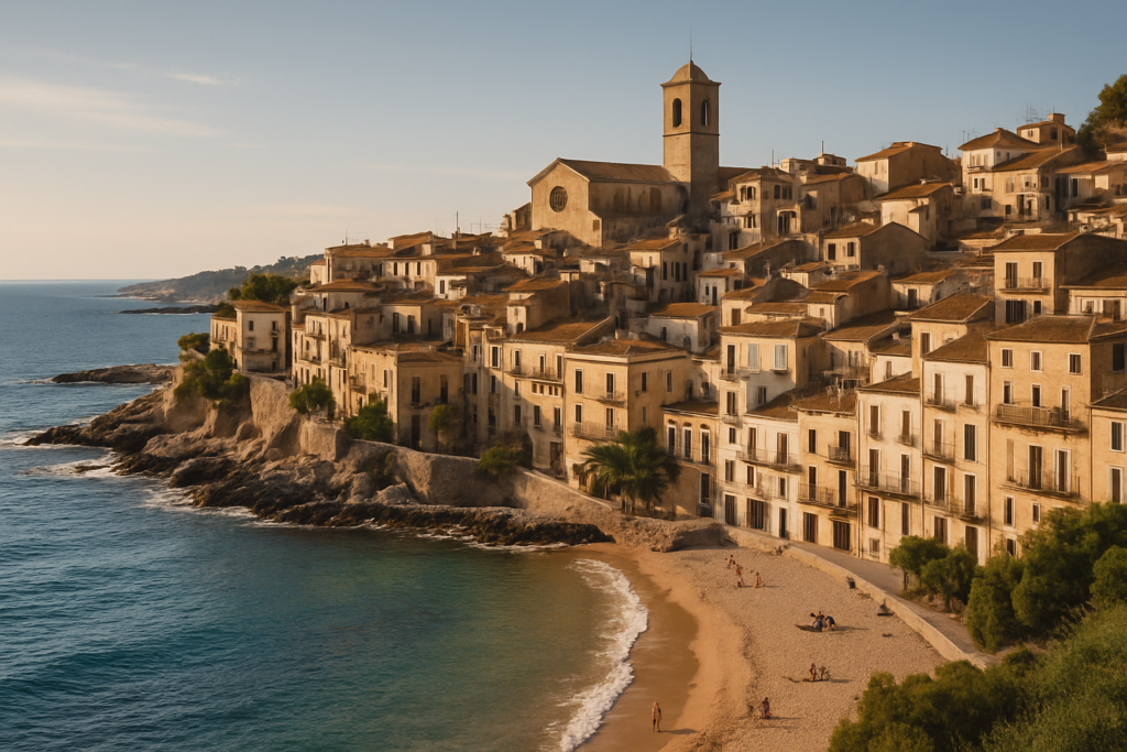 Sallent, Spain - view of the town and coast
