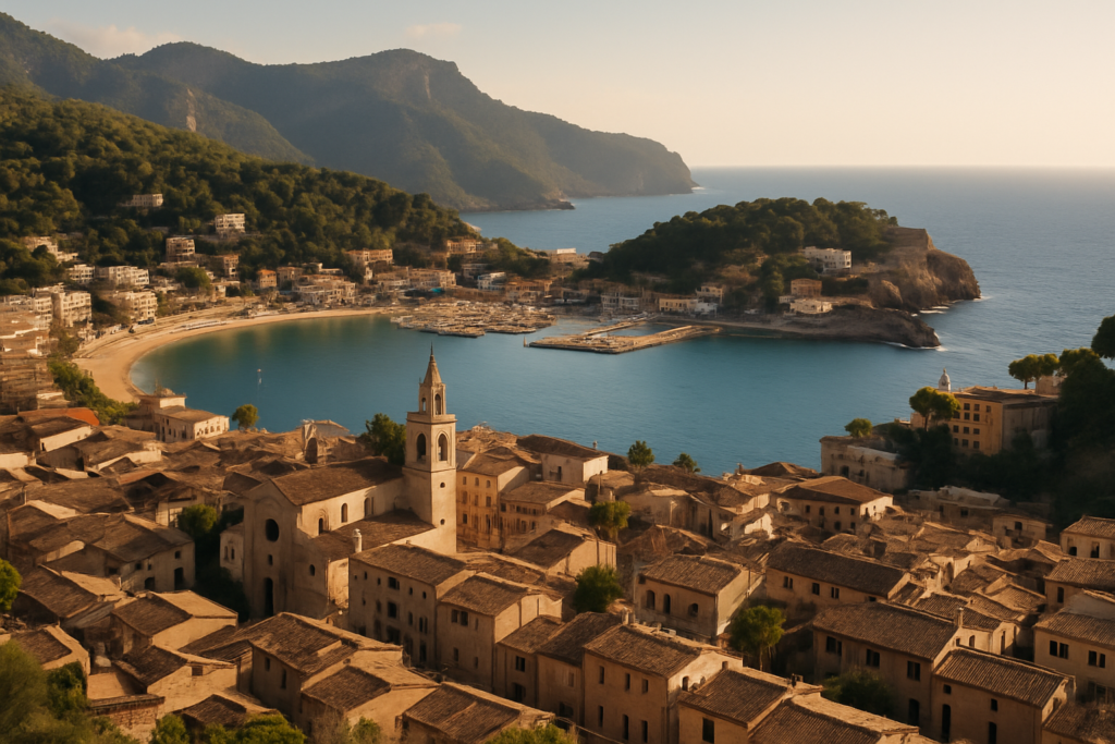 Sóller, Spain - view of the town and coast