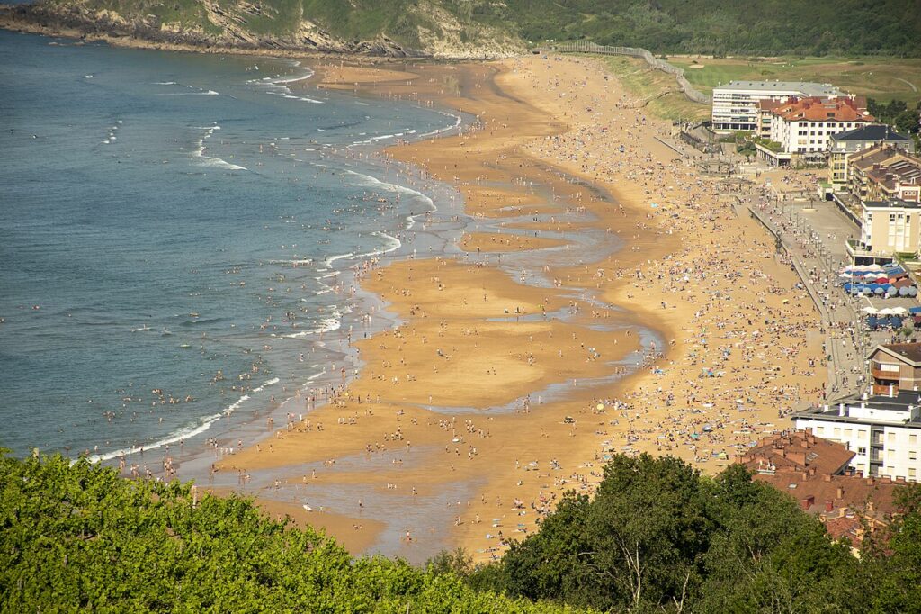The long sweep of Zarautz beach and its promenade seen from above