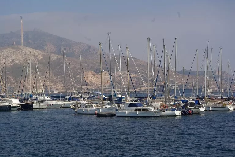 Yachts in the Cartagena marina below the hills