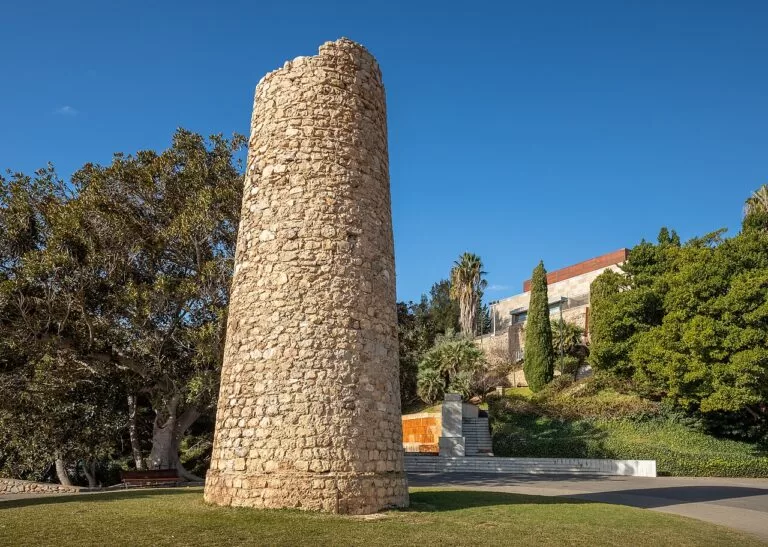 The round stone Torre Linterna in the gardens of the Castillo de la Concepción