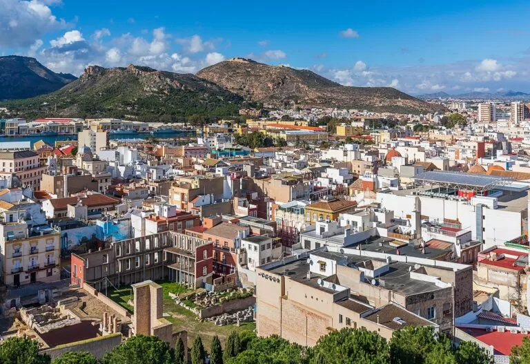 Rooftops of Cartagena old town under the hills, seen from Parque Torres
