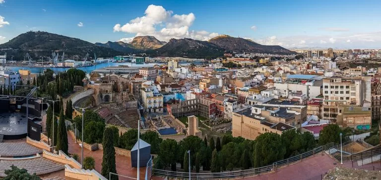 Cartagena old town and the hills around the harbour, seen from Parque Torres