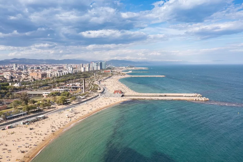 Aerial view of Nova Icaria beach and the Barcelona seafront on the Mediterranean