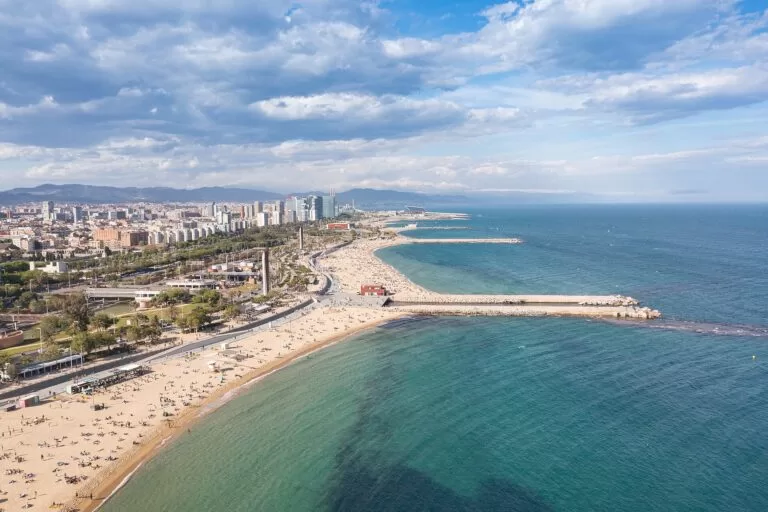 Aerial view of Nova Icaria beach and the Barcelona seafront on the Mediterranean