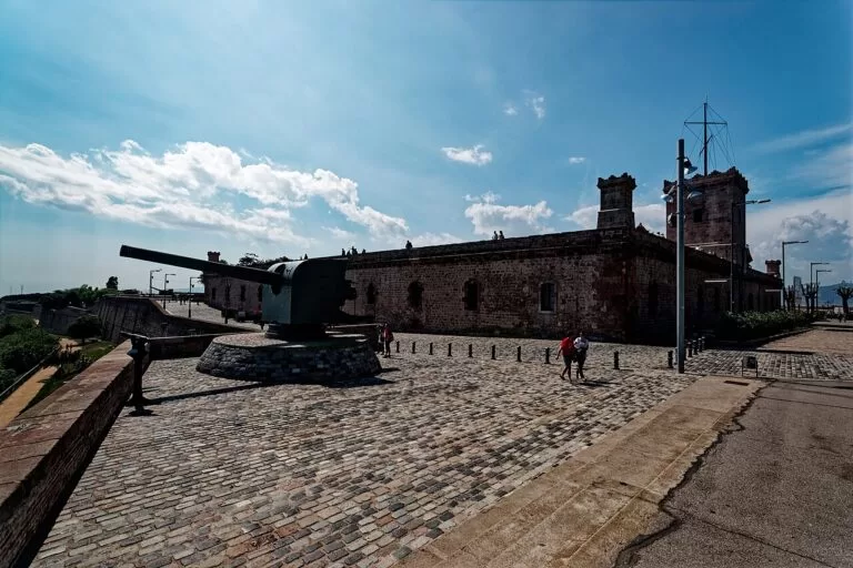 The walls and cannons of Montjuic Castle above the port of Barcelona