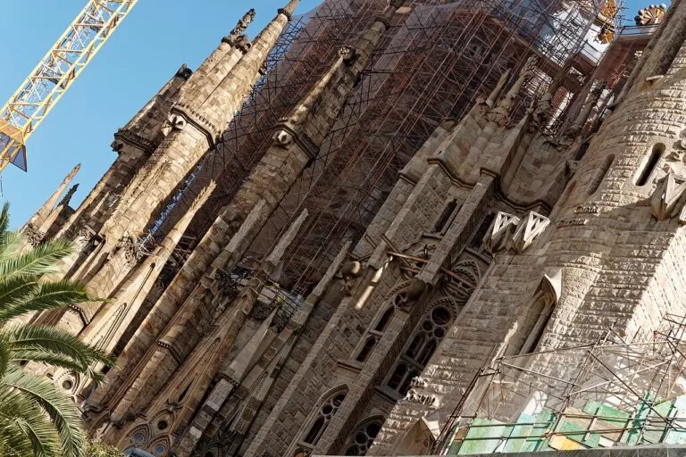 The towers of the Sagrada Familia basilica seen from the square
