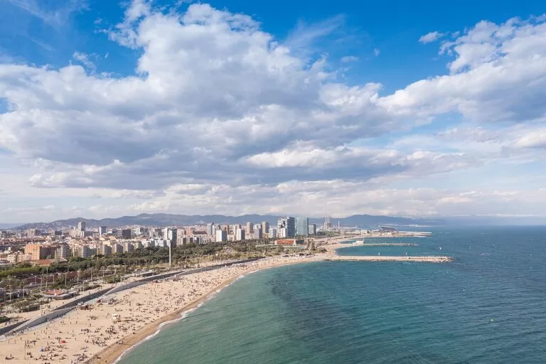 The line of Barcelona city beaches seen from above