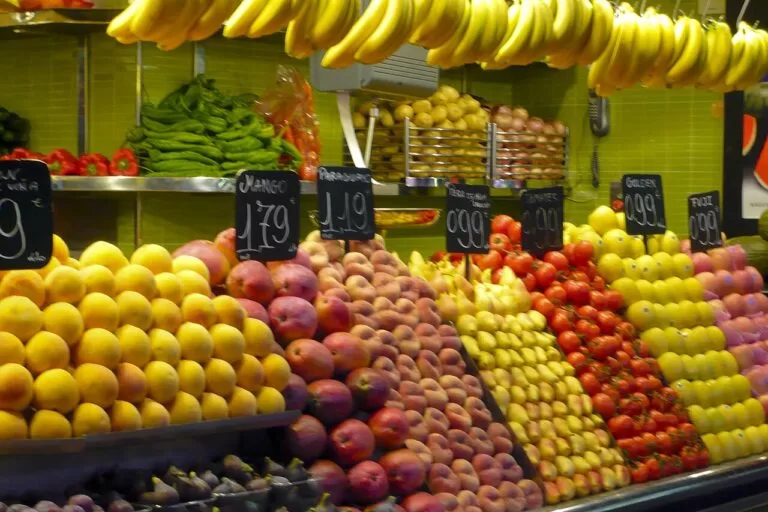 A colourful fruit stall in the Boqueria market in Barcelona