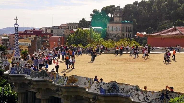 View across Park Guell towards the city of Barcelona